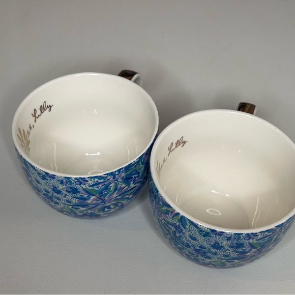 Set of 2 Lilly Pulitzer Coffee Mugs in Lion Around Blue Green Floral Gold Trim - Picture 9 of 9